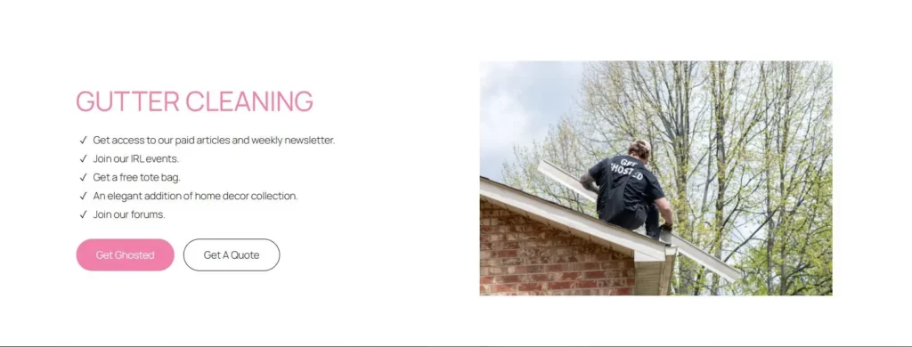 Residential gutter maintenance worker on roof wearing 'Get Ghosted' shirt while cleaning home gutters in spring.